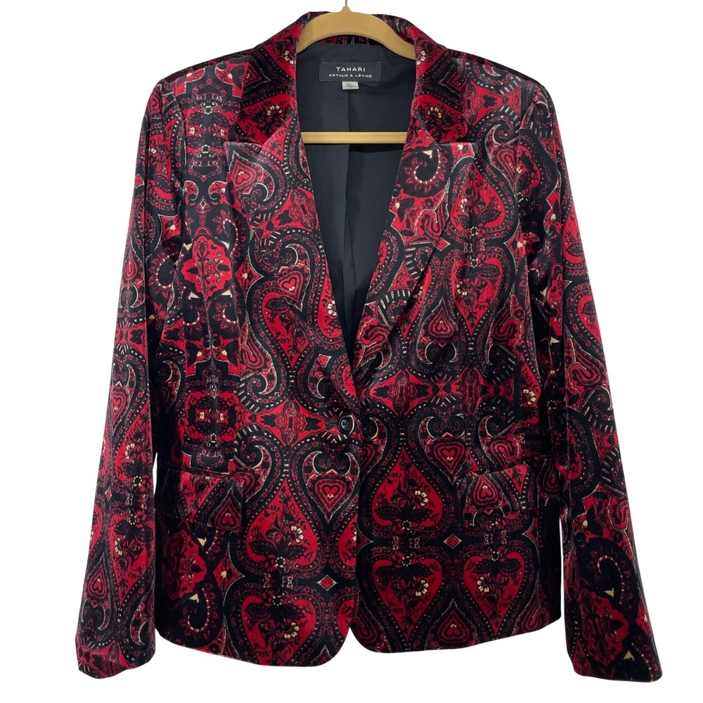 Tahari Size 16 Blazer Red Black Paisley Velvet Single Button Womens XL Victorian
